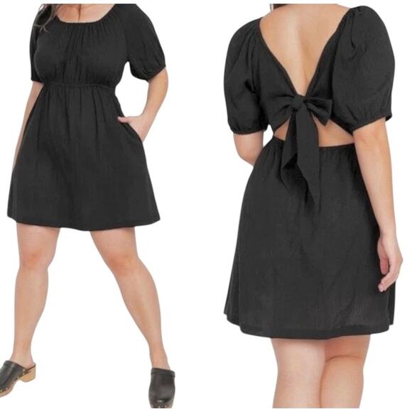 Old Navy large puff sleeve tie back bow cut out mini dress pockets D2 2689 - Picture 1 of 10